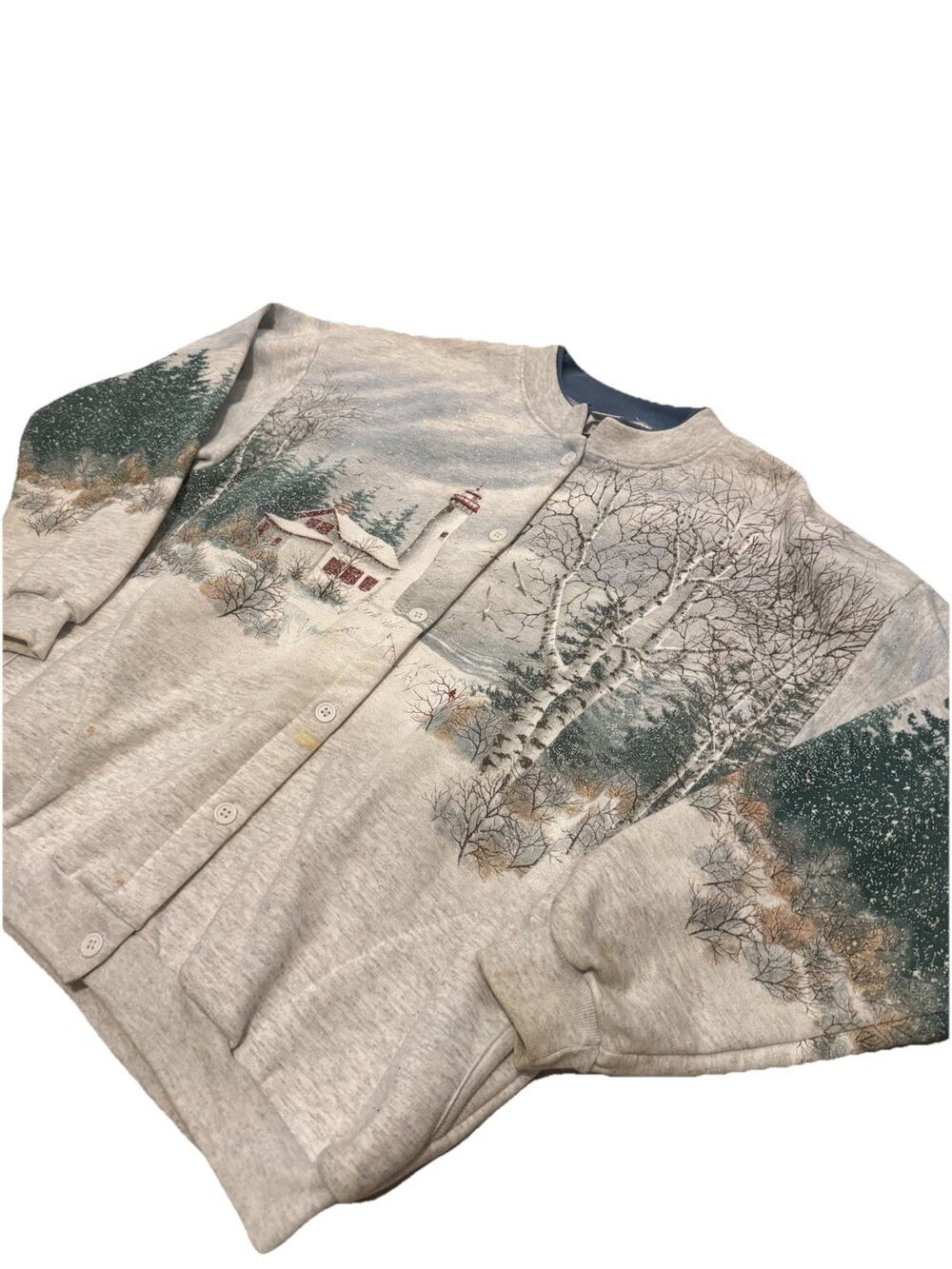 80s Artisans Men's Fleece Graphic Print Button Front Cardigan Sweatshirt L Crew